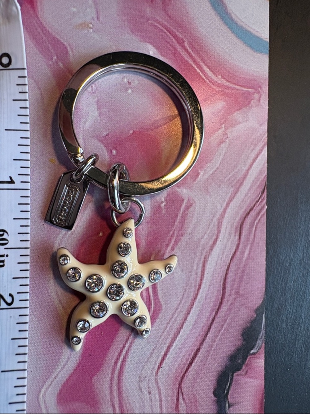 Coach Silver Ring Keychain with Cream Starfish Crystal Charm